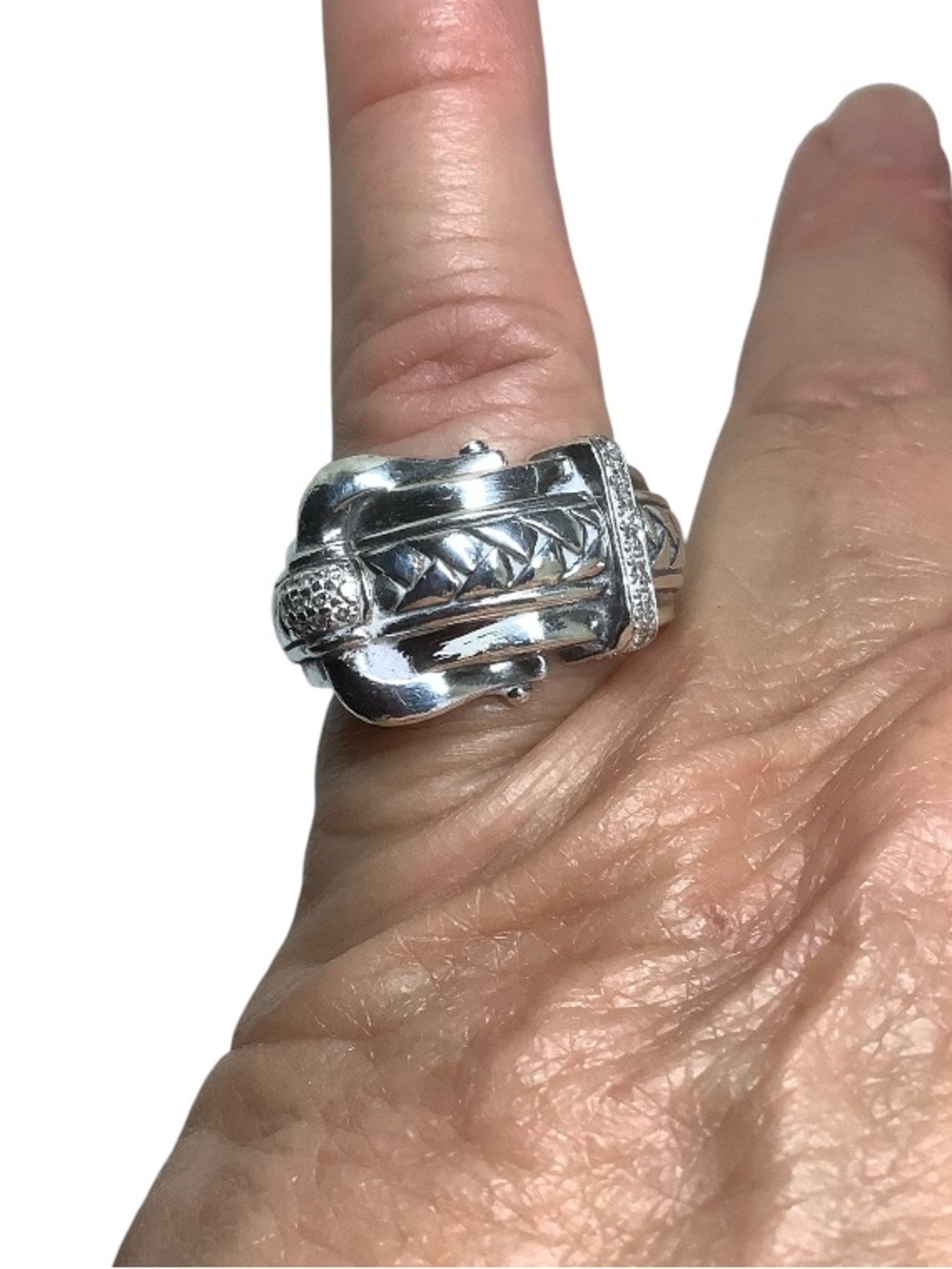Scott Kay Sterling silver Diamond basket weave buckle ring - Picture 2 of 6